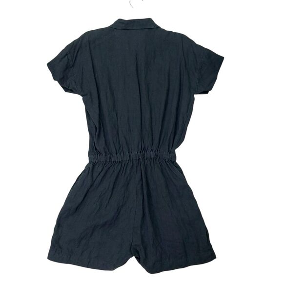 Seaside Tones Romper Womens Medium Navy 100% Linen Short Sleeve Beach Coastal - Picture 6 of 12